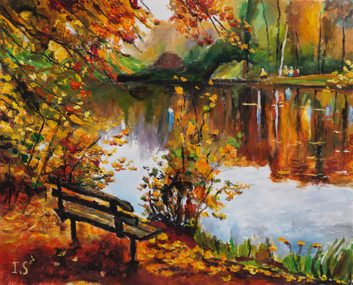 Banc bassin parc automne