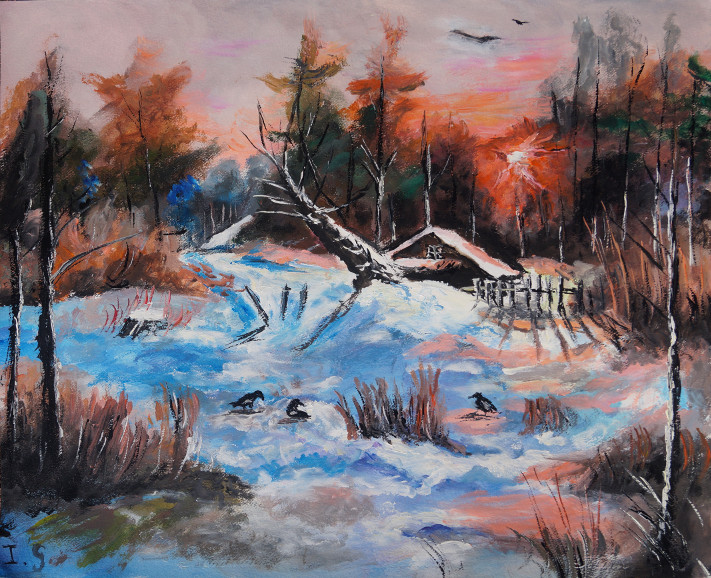 Coucher soleil cabane forêt hiver