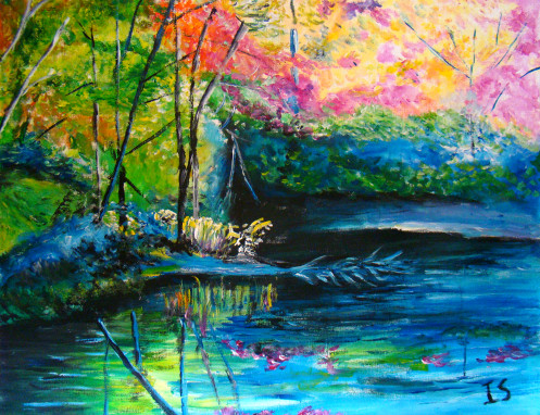 Ruisseau arbres roses