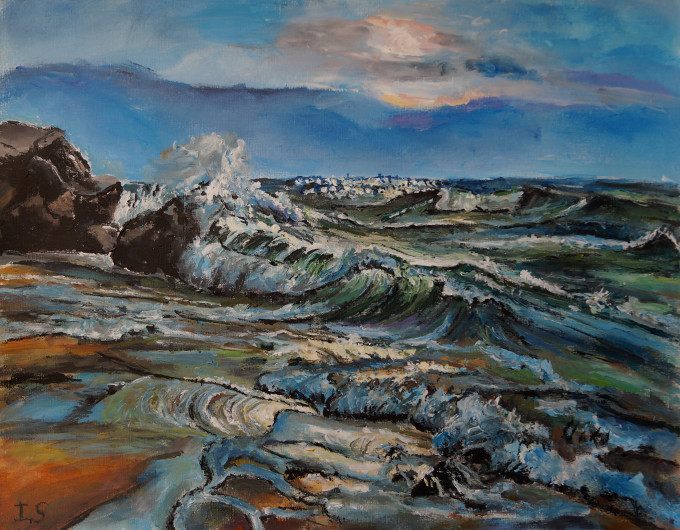 Vague rochers plage soir