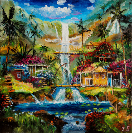 Cascades tropicales paysage clair fleuri