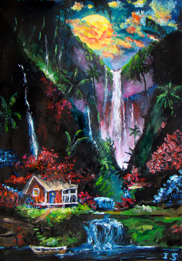 Cascades tropicales reflets violets lune