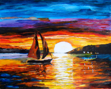 Coucher multicolore bateau côte