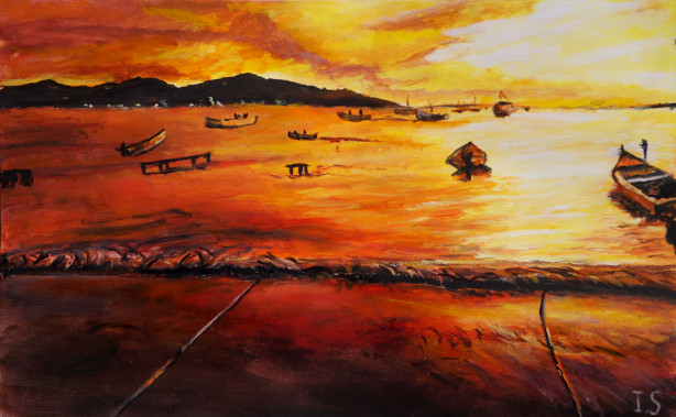 Coucher soleil nuageux ambré ombres chinoises bateaux