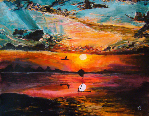 Coucher tricolore bateau lac