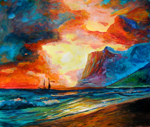 Bateau falaise ciel multicolore