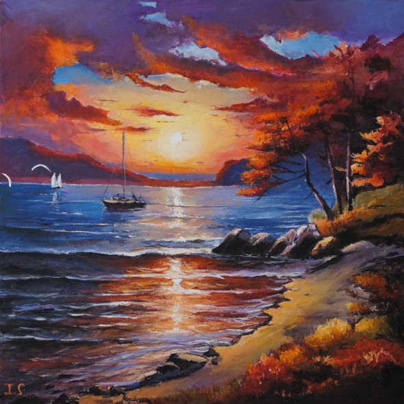 Coucher soleil deux bateaux baie
