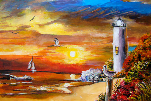 Coucher orange phare bateau