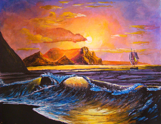 Bateau vague couchant violet