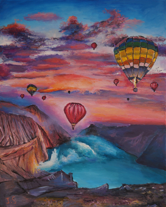 Coucher soleil pastel essaim montgolfières lac