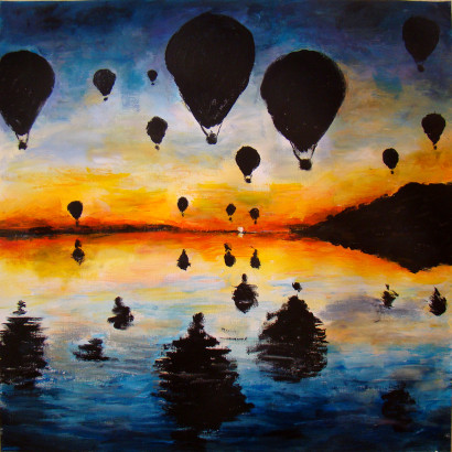 Montgolfières lac crépuscule