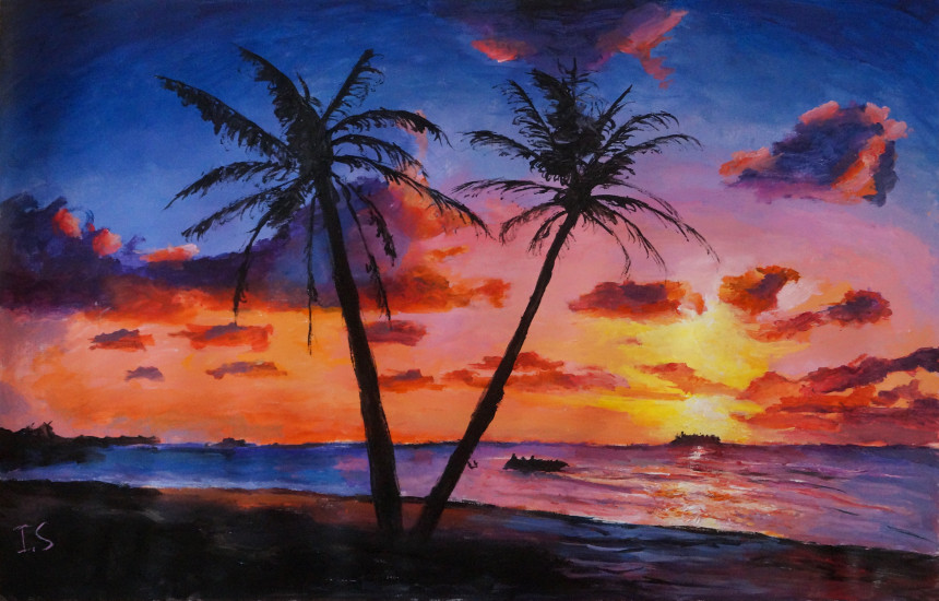 Coucher soleil ombre chinoise plage Dominique