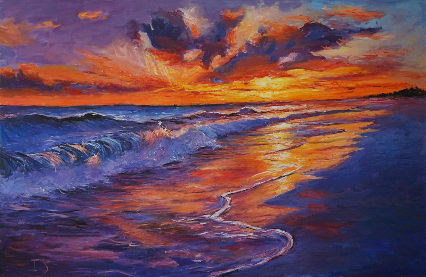 Coucher soleil flamboyant vague brisant plage