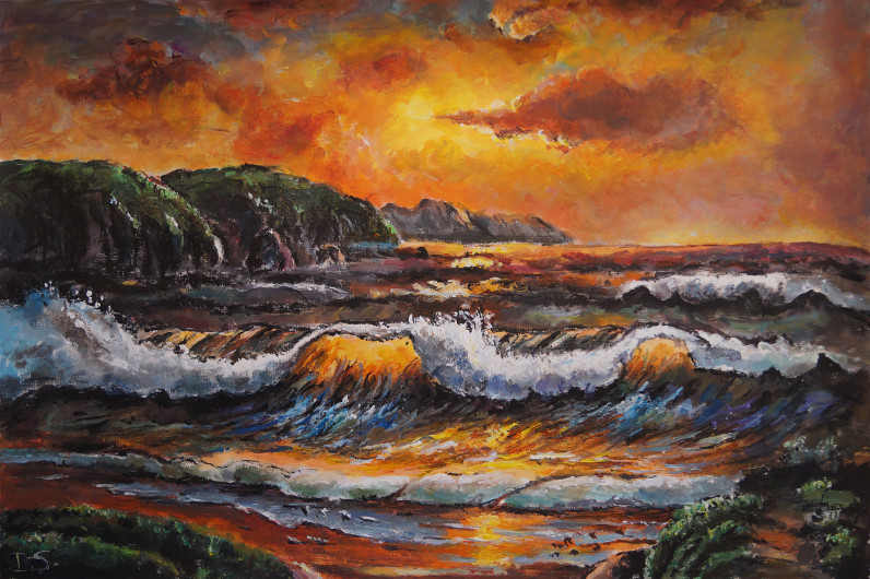 Coucher soleil flamboyant vague