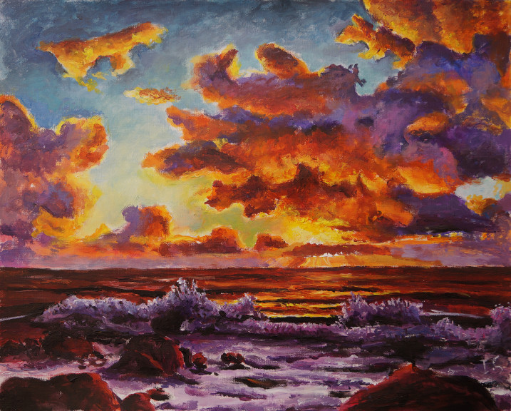Coucher soleil flamboyant nuages vague