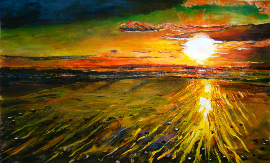 Coucher multicolore sur plage cuivrée