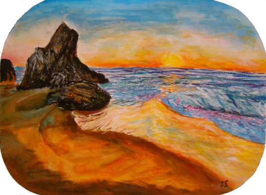 Rocher sur plage au couchant