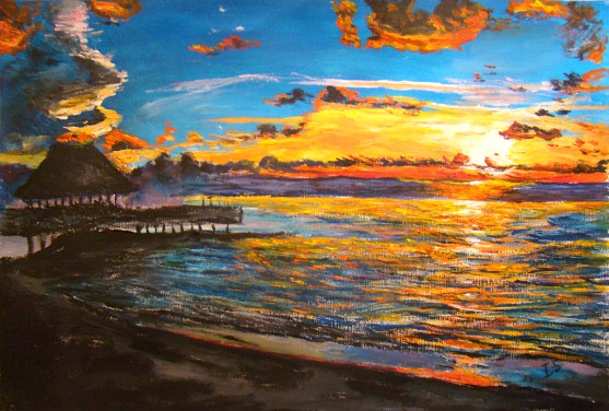 Coucher et ponton sur plage sombre