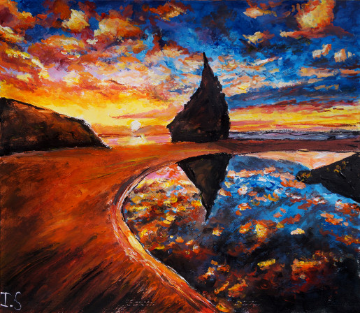 Coucher soleil rocher pointu plage