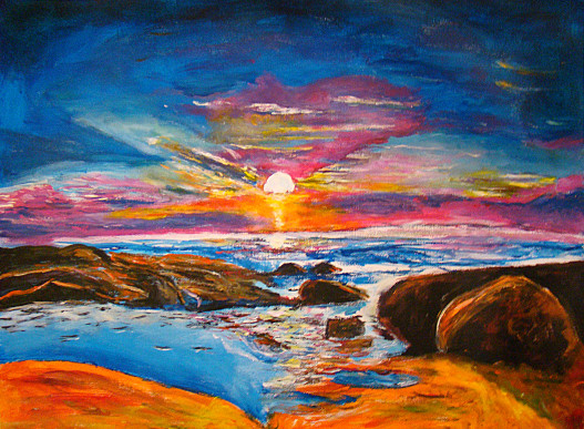 Plage et rochers au couchant