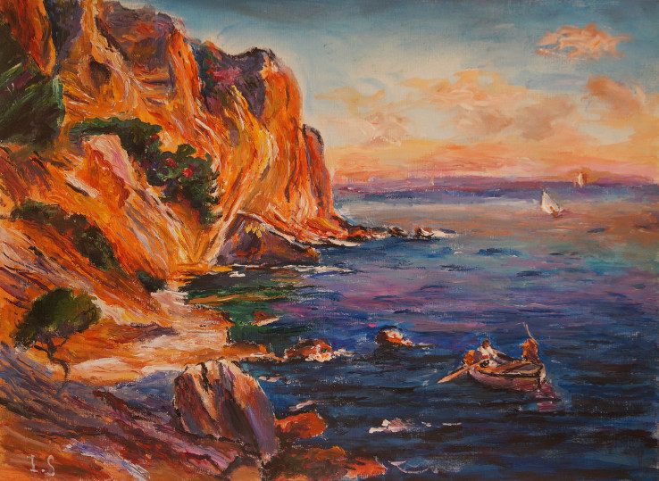 Coucher soleil falaise orange barque