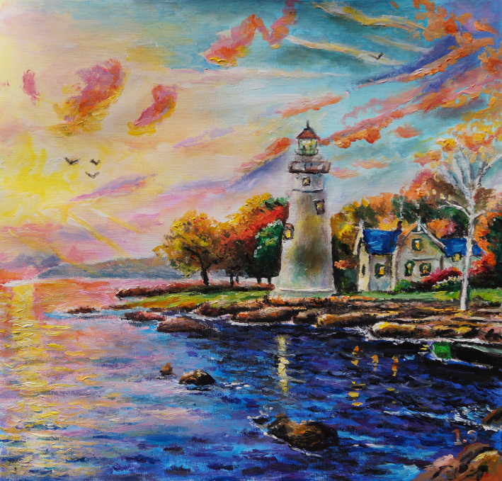 Coucher soleil maison phare