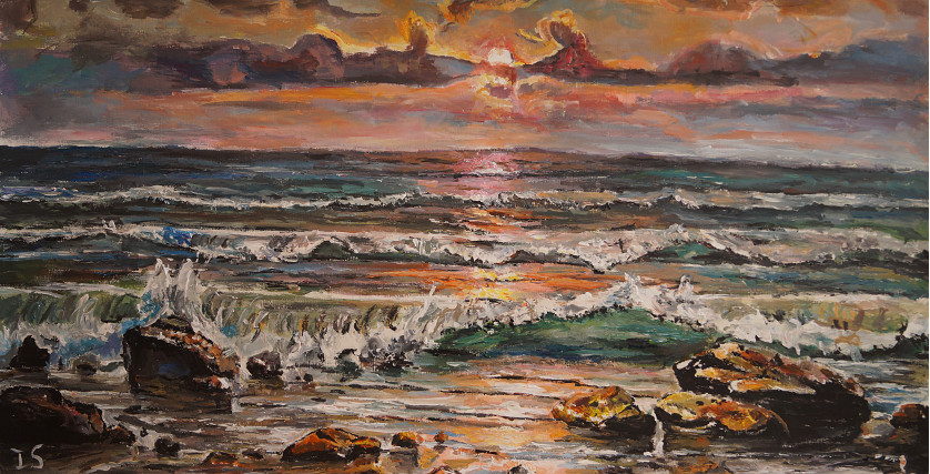 Coucher soleil couleurs chaudes vagues