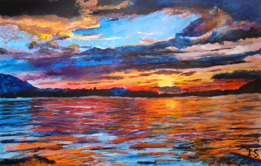 Coucher soleil multicolore rivage