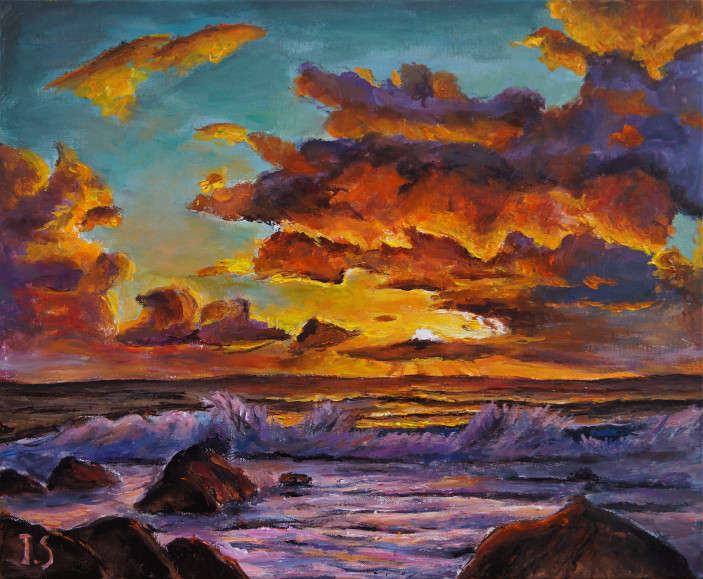 Coucher soleil nuages vague rosée