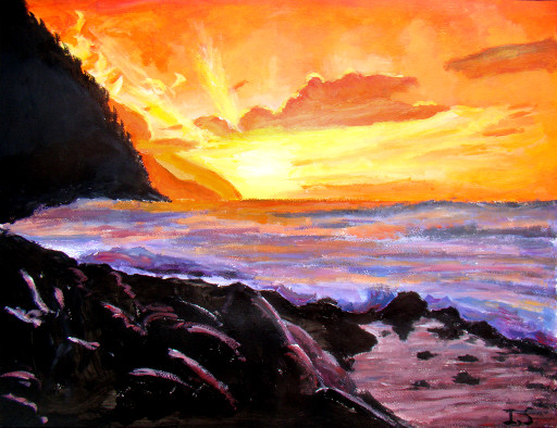 Coucher orange rochers ombres chinoises