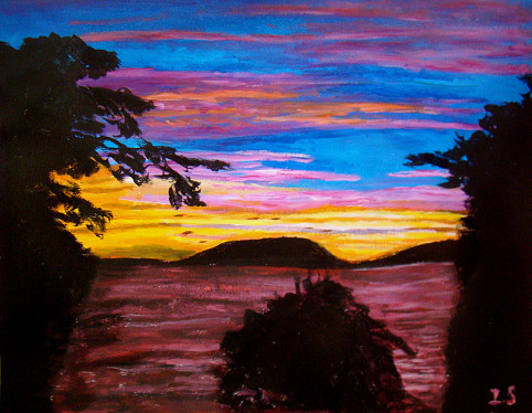 Coucher pourpre ombres chinoises île