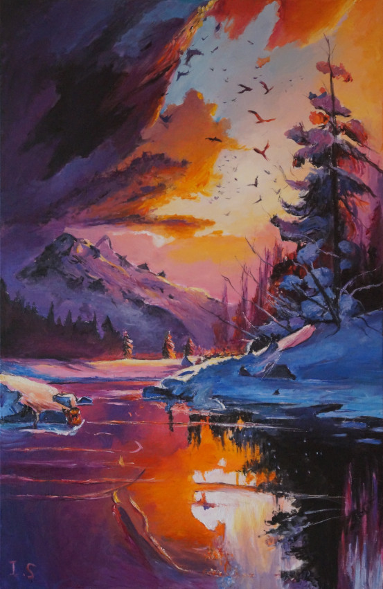 Coucher soleil montagne lac gelé sapin enneigé