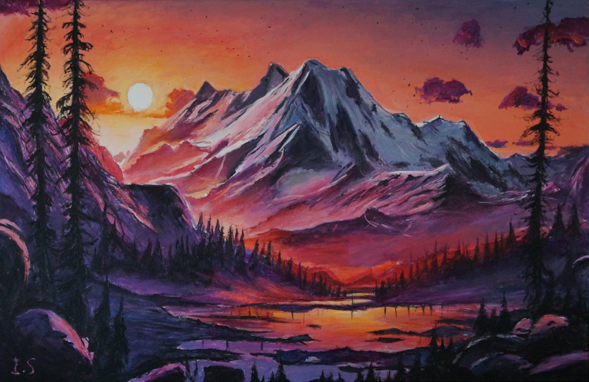 Soir lac entouré sapins sous montagne