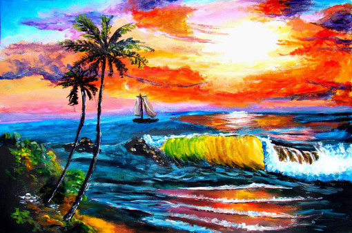 Vague bateau coucher tropical