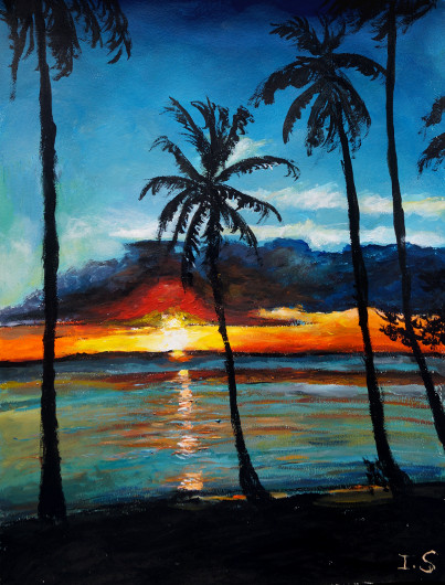 Coucher soleil tropical tons bleus