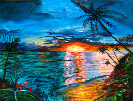 Plage tropicale reflets bleus
