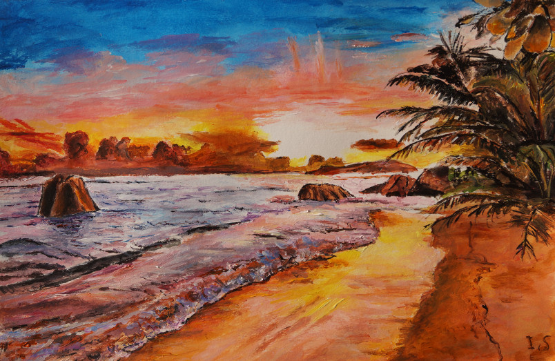 Coucher soleil plage rochers Seychelles