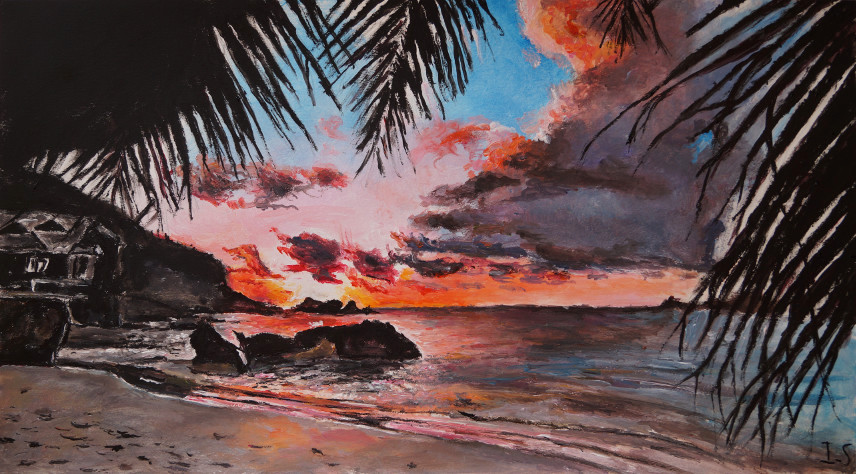 Coucher soleil maison plage tropicale