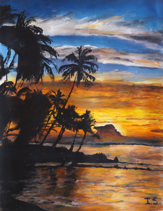 Coucher plage palmiers ombre chinoise