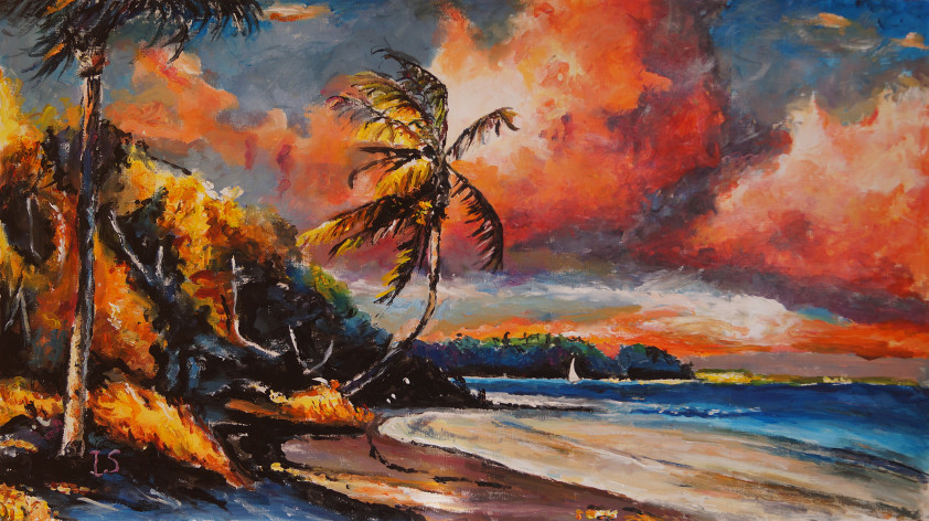 Plage tropicale coucher feu