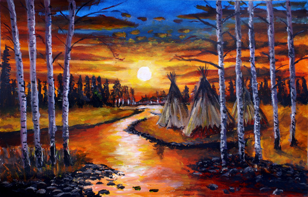 Coucher orange campement amérindien