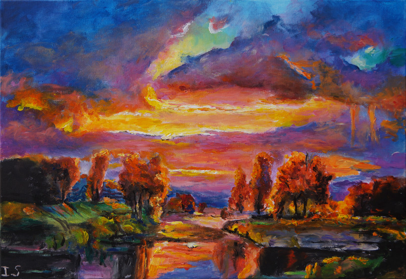 Coucher feu rivière automne