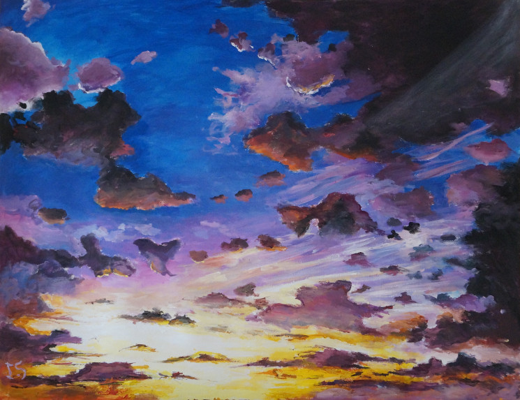 Coucher soleil multicolore ciel parsemé nuages