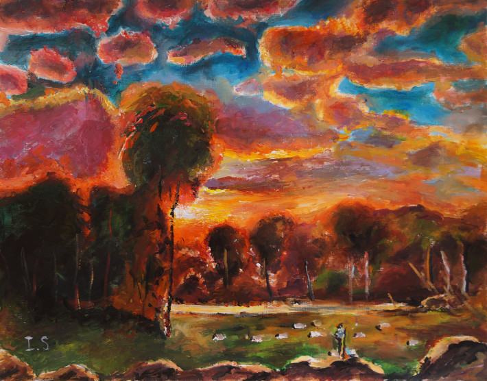 Coucher soleil troupeau orée forêt