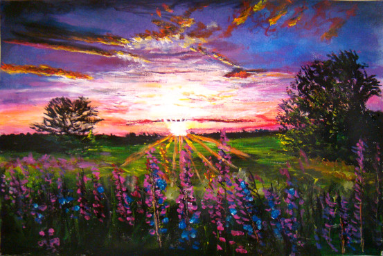 Coucher sur jacinthes bleues et violette