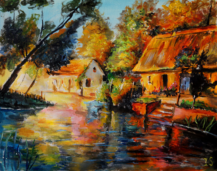 Coucher automne maisons rivière