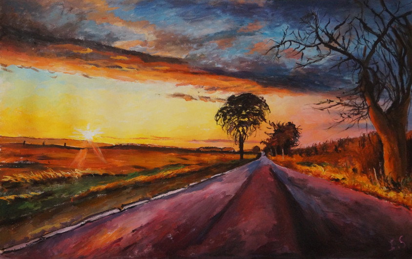 Route plaine coucher soleil