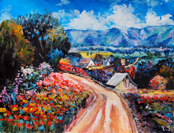 Chemin fleurs village printemps