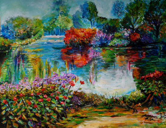 Étang fleuri chemin printemps