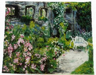 Banc dans jardin roses